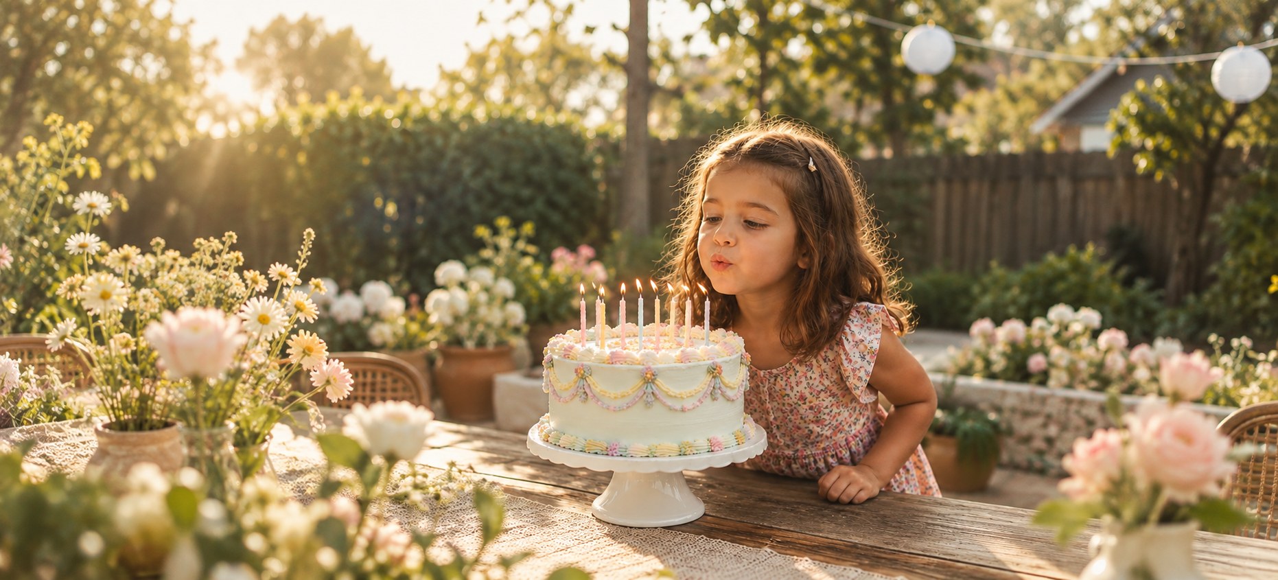 A little girl leaning in to blow out the candles on her birthday cake at a golden-hour garden party