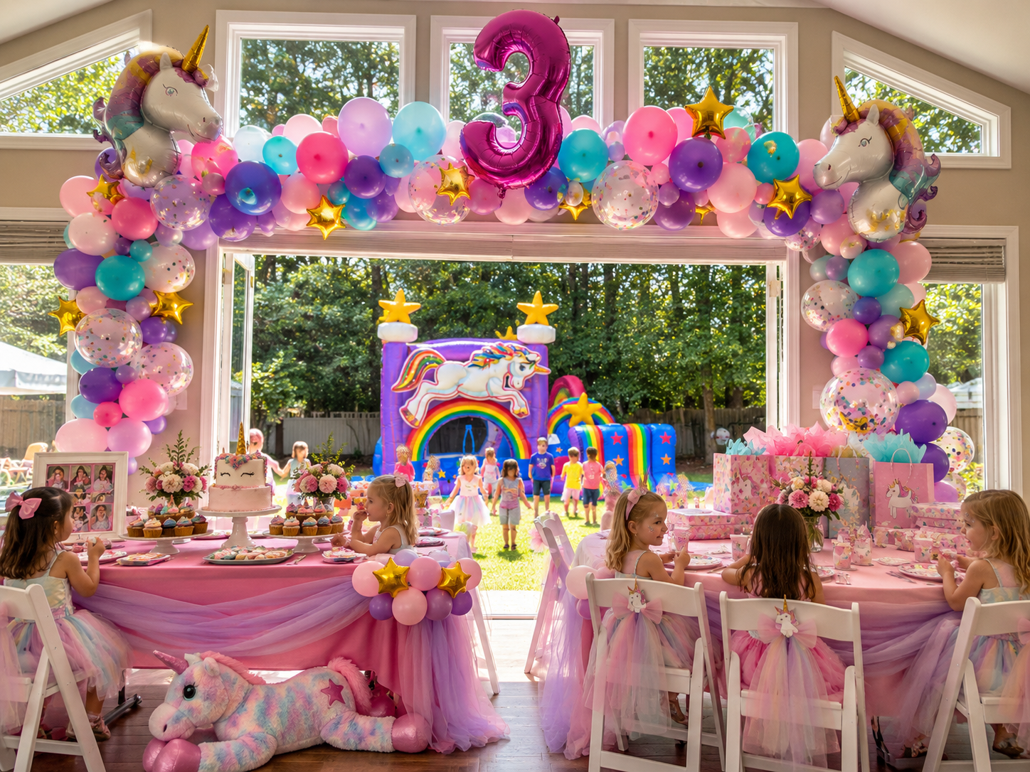 A backyard unicorn birthday with balloon garland and bounce house
