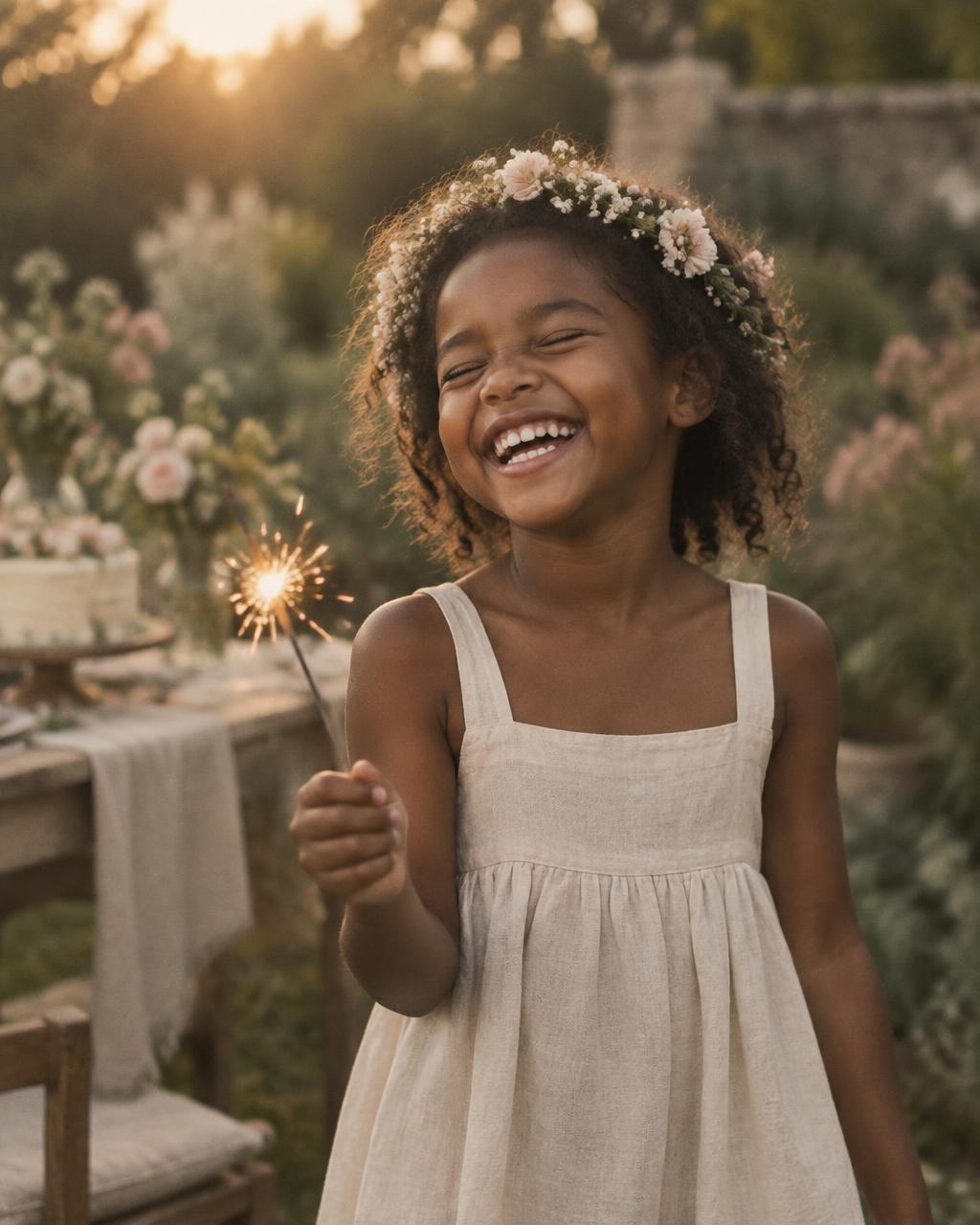 A little girl laughing with a sparkler at her garden birthday party