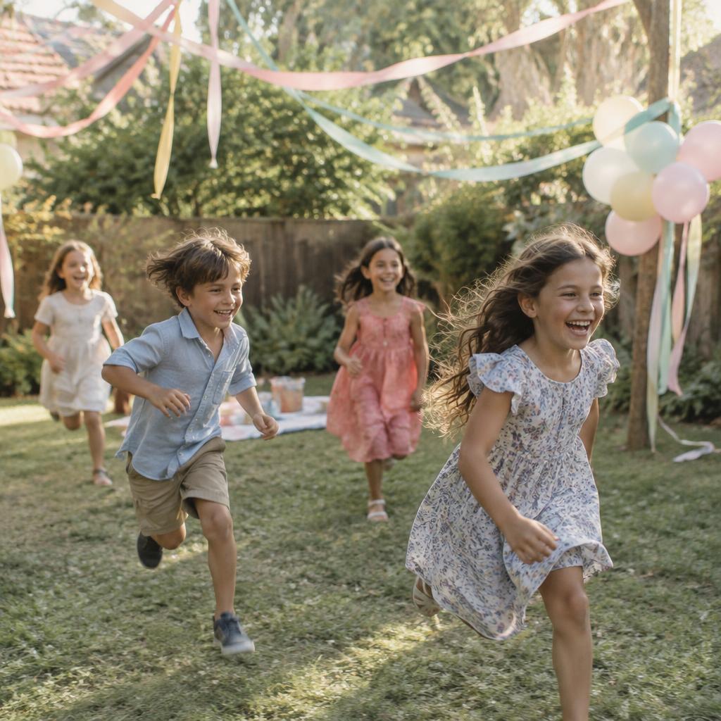Kids running and laughing at a backyard birthday party