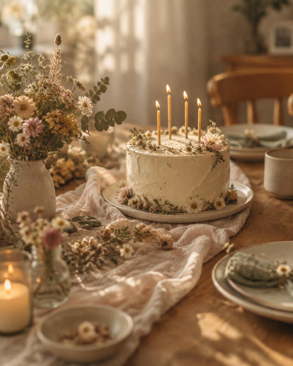 A birthday cake with beeswax candles and dried flowers on a linen-covered table