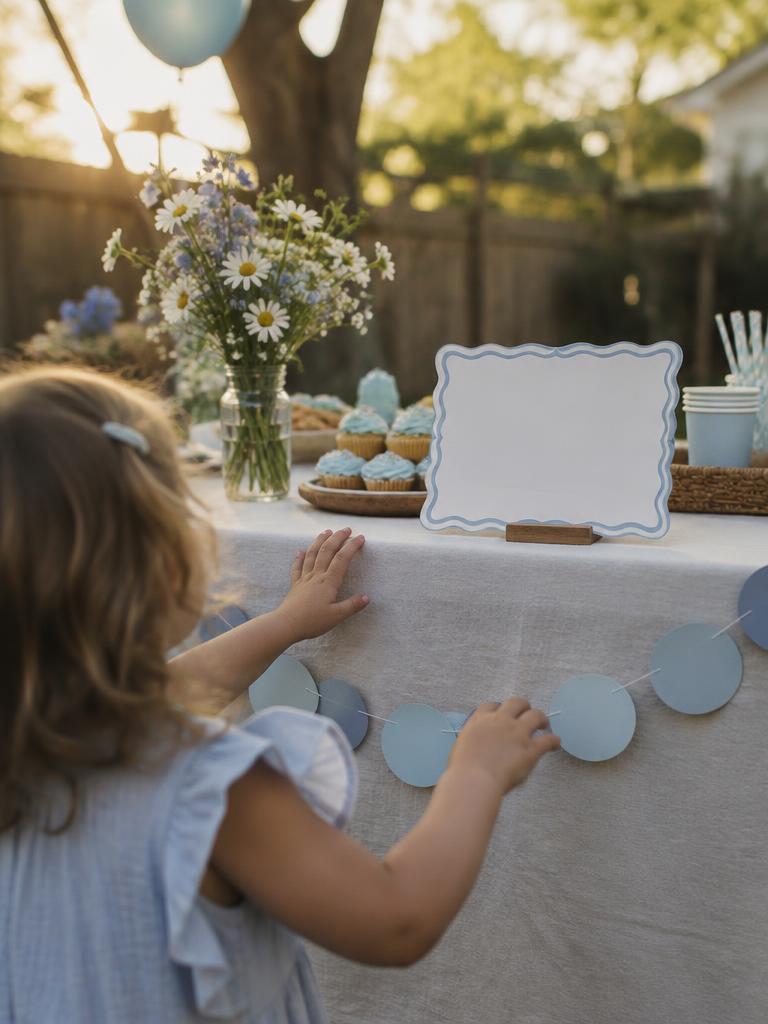 A little girl reaching for a party table styled in her favorite soft blue