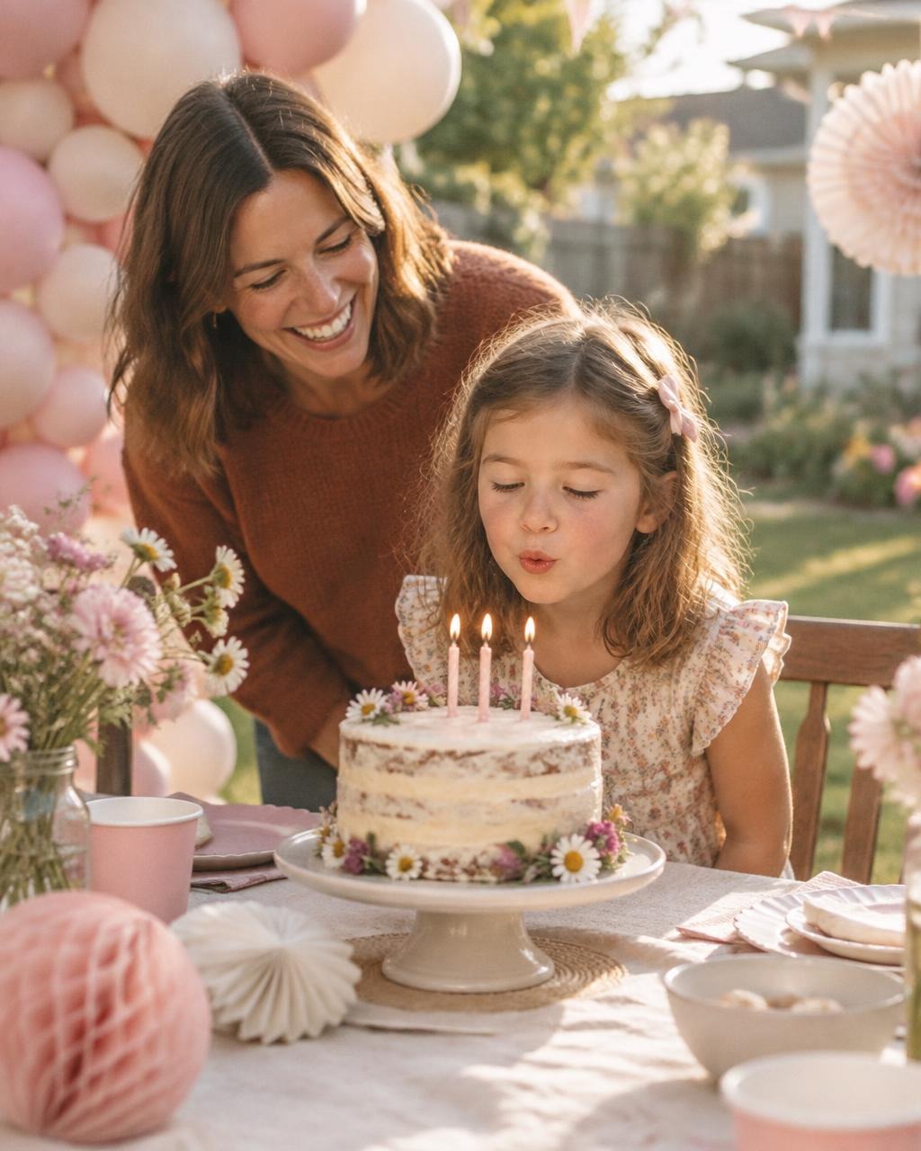A mom and her daughter blowing out the candles at her birthday party